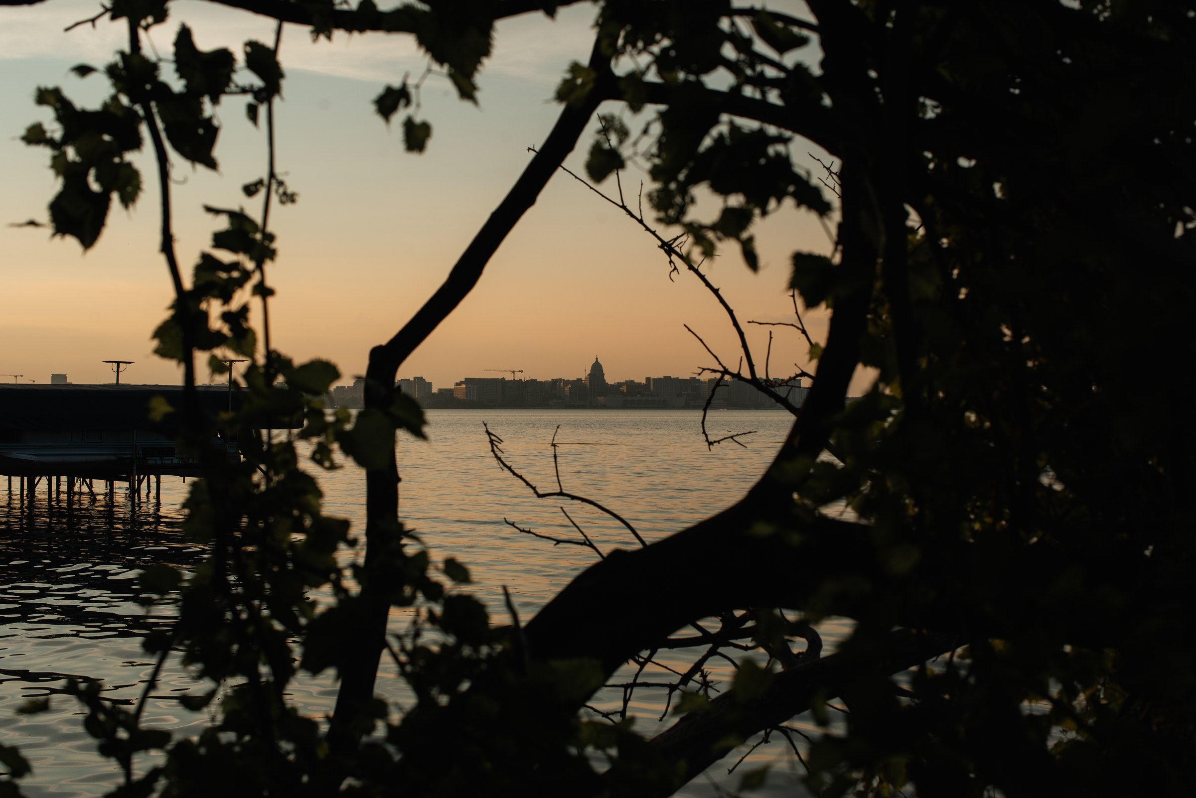 The Madison skyline and Capitol dome small on the far shore of the lake under a peach dusk sky, seen through dark tree branches, with a pier at the left.