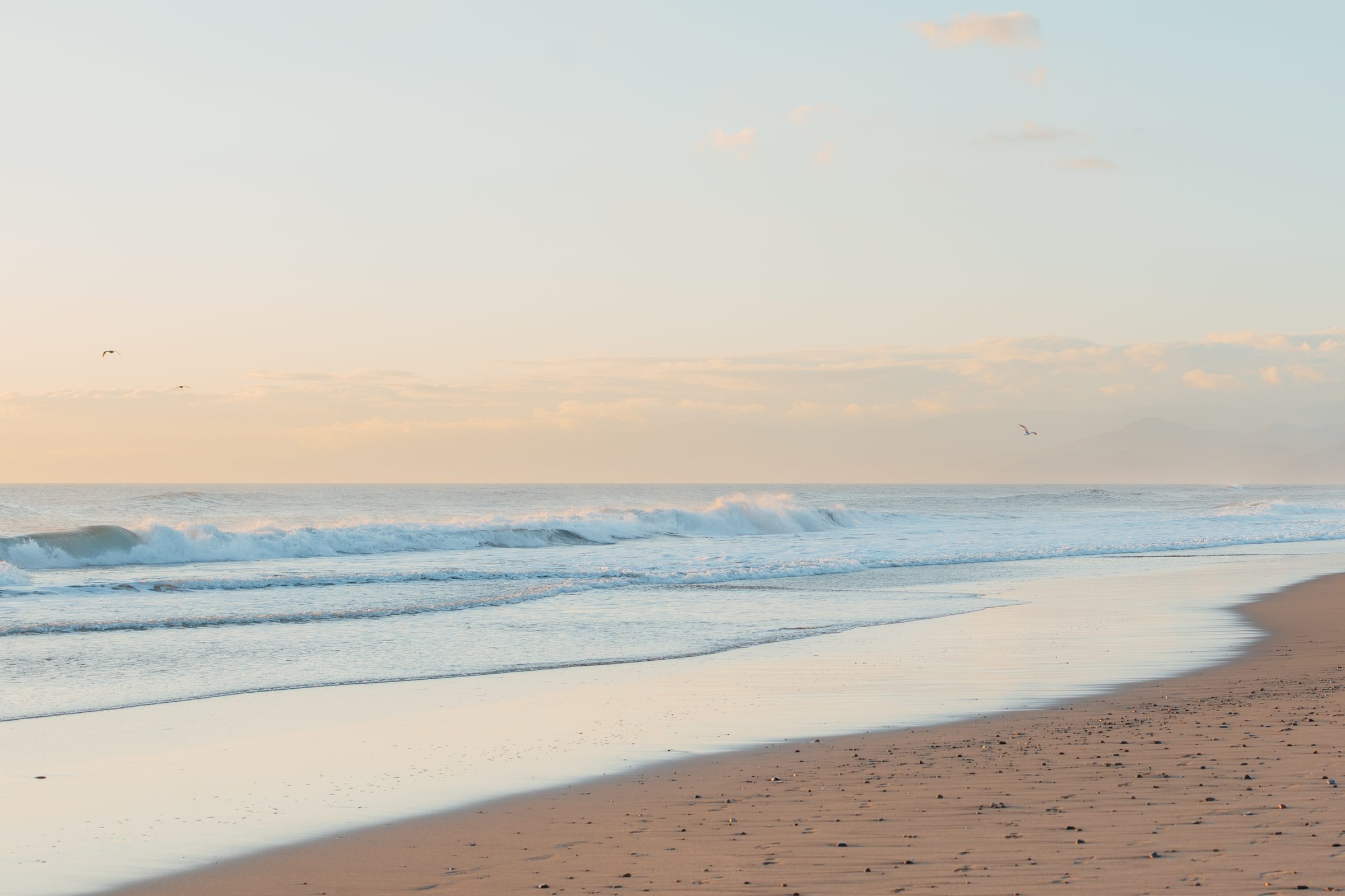 A quiet beach at dusk in soft pastel light, small waves breaking along a long curve of wet sand.